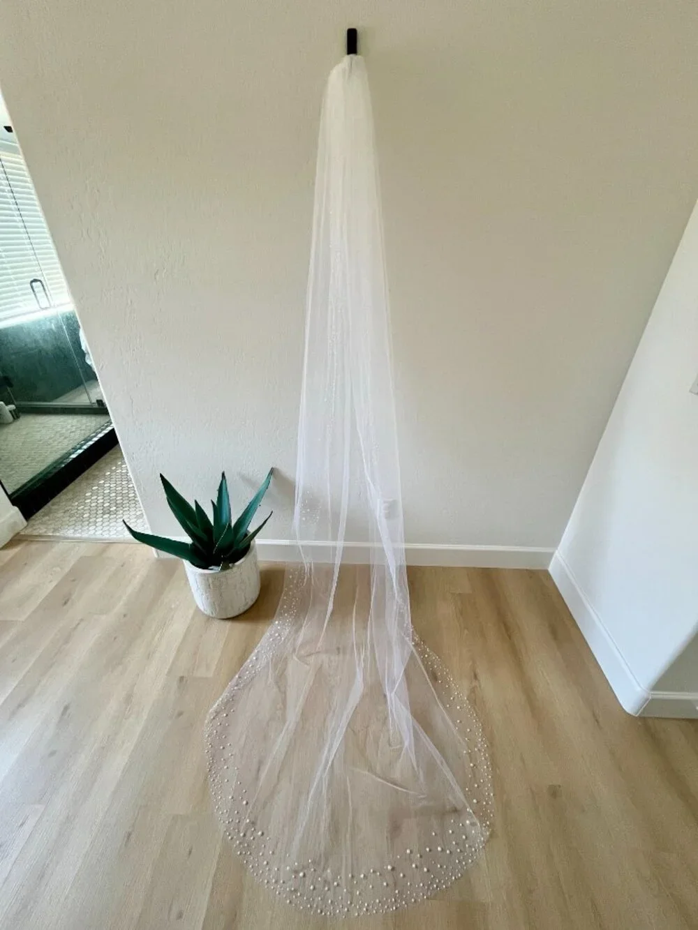 Handmade Cathedral Pearl Wedding Veil | Pearl Trim | Soft Tulle | White | Bridal